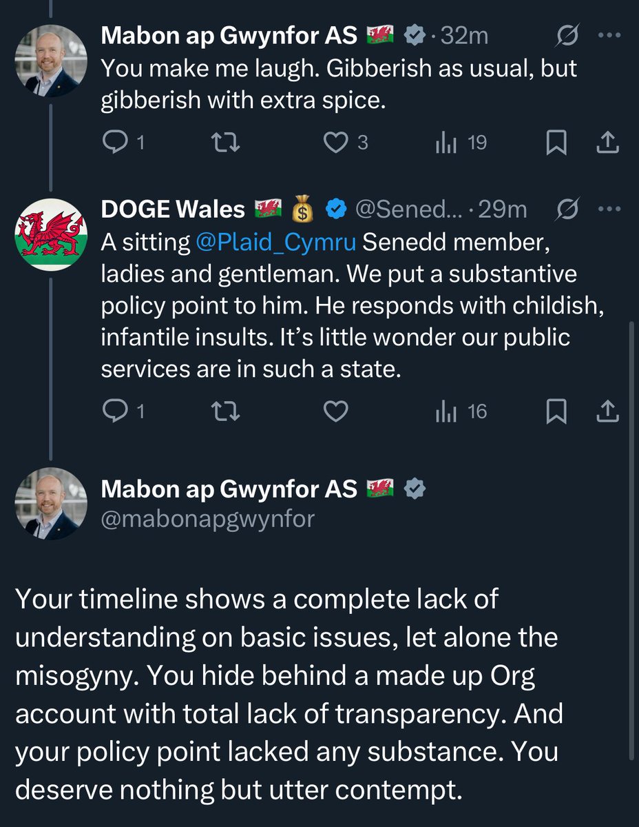 DOGE Wales 🏴💰 (@seneddwaste) on Twitter photo A sitting <a href="/Plaid_Cymru/">Plaid Cymru 🏴</a> Senedd member. Refuses to engage in debate. Just throws around childish insults and baseless allegations. Grow up. A sitting <a href="/Plaid_Cymru/">Plaid Cymru 🏴</a> Senedd member. Refuses to engage in debate. Just throws around childish insults and baseless allegations. Grow up.