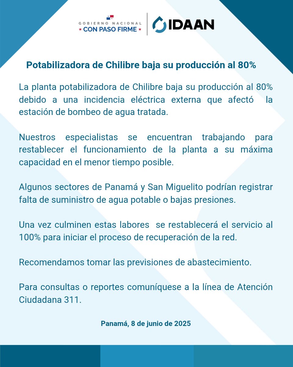 IDAANinforma's tweet image. 📢 Incidencia eléctrica externa afecta operaciones de la planta potabilizadora de Chilibre.

Nuestros especialistas 👷🏻‍♂️ trabajan para restablecer el funcionamiento de la planta 💧 al 100% en el menor tiempo posible.

@311Panama