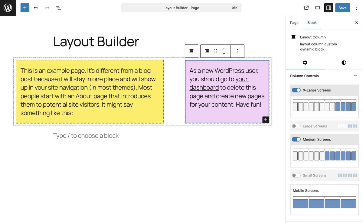 apdevelops's tweet image. I'm a big believer of fluid design within #wordpress, but sometimes I still need granular responsive controls. Playing with a custom layout block that shows column behavior across breakpoints, without a toggle switch. Would you use something like this?