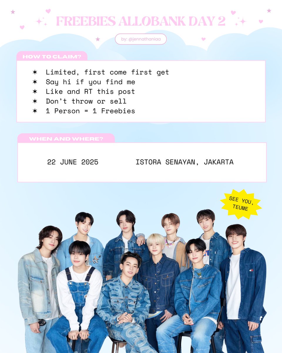 FREEBIES ALLOBANK DAY 2 TREASURE ୭ ˚. ᵎᵎ
— by <a href="/jennathaniaa/">jen 🧜‍♀️</a> ⋆｡° ✮

🗓 22 June 2025
📍 Istora Senayan

— rt &amp; like this post
— find me &amp; show this tweet

see you teume! 🩵

#AlloBankFestival2025 #TREASURE