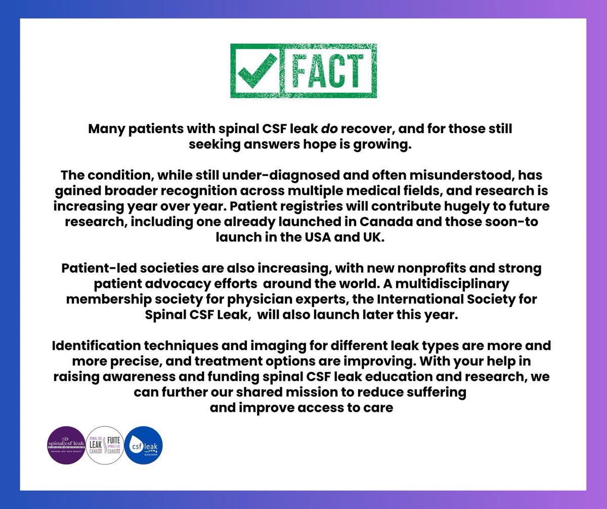 SpinalCSFCanada's tweet image. #SpinalCSFLeakAwarnessWeek
Awareness, research & diagnosis are improving.
🧠 New registries are launching in 🇨🇦🇺🇸🇬🇧
🤝 Patient-led advocacy is rising
🌍 A new international physician society is coming soon
With your support, we can reduce suffering & improve access to care. 💜