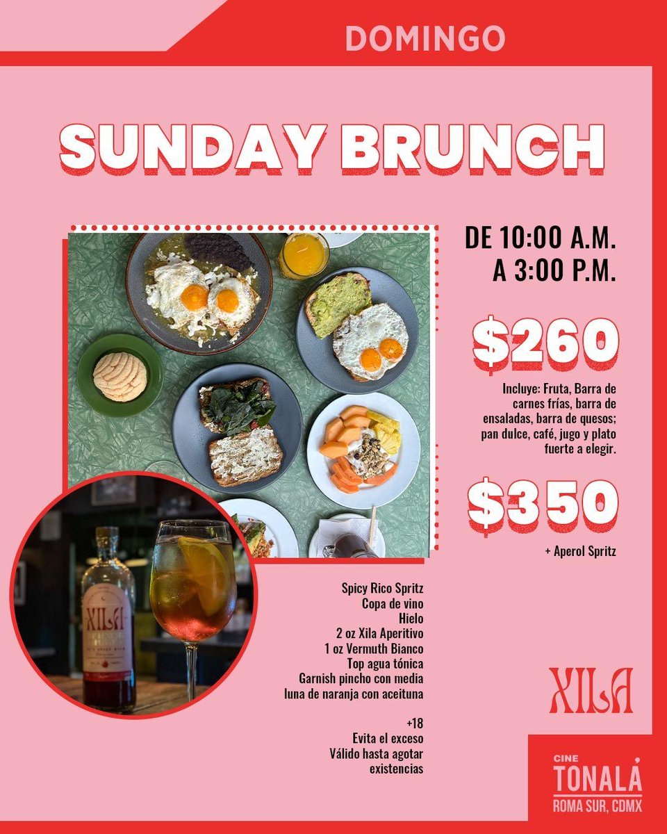 🥂🍳 Brunch de domingo en Cine Tonalá 🍳🥂

📅 Todos los domingos de junio
🕙 10:00 a 15:00 

✨ Cine, comida y buena compañía
✨ Solo en Cine Tonalá

#BrunchEnTonalá #SpicyRicoSpritz #Xila #DomingosQueSeDisfrutan #CineYBrunch #Brunch

¡No te lo pierdas! 📲✨