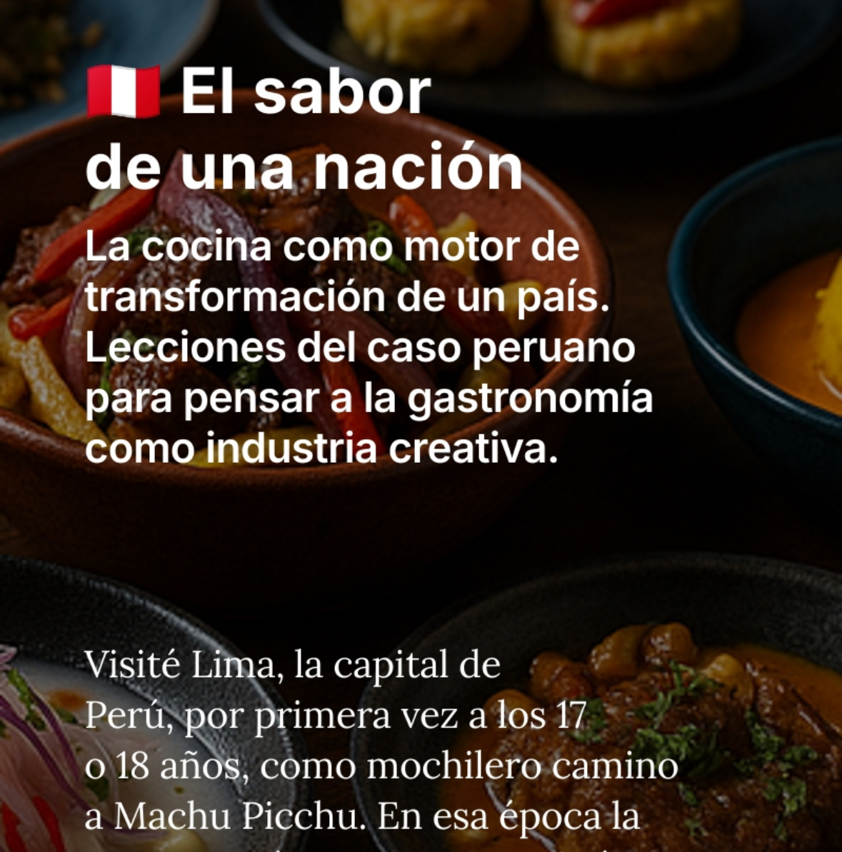 🇵🇪 ¿Qué puede enseñarle la cocina peruana a tu marca, tu ciudad o tu proyecto?

En el nuevo Pulmón Creativo analizo el caso de la gastronomía como política pública, industria creativa y motor de identidad. Con ejemplos, herramientas y recursos.

📩 pulmoncreativo.substack.com/p/el-sabor-de-…