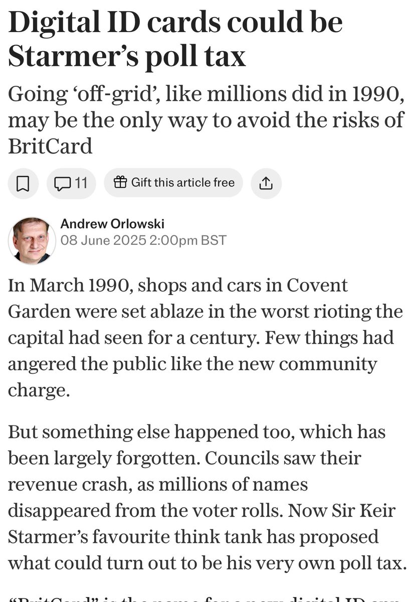 AndrewOrlowski's tweet image. ✍️ New by me: why “BritCard” - a proposal for a compulsory digital ID - could become Starmer’s poll tax
Link in comment below 👇