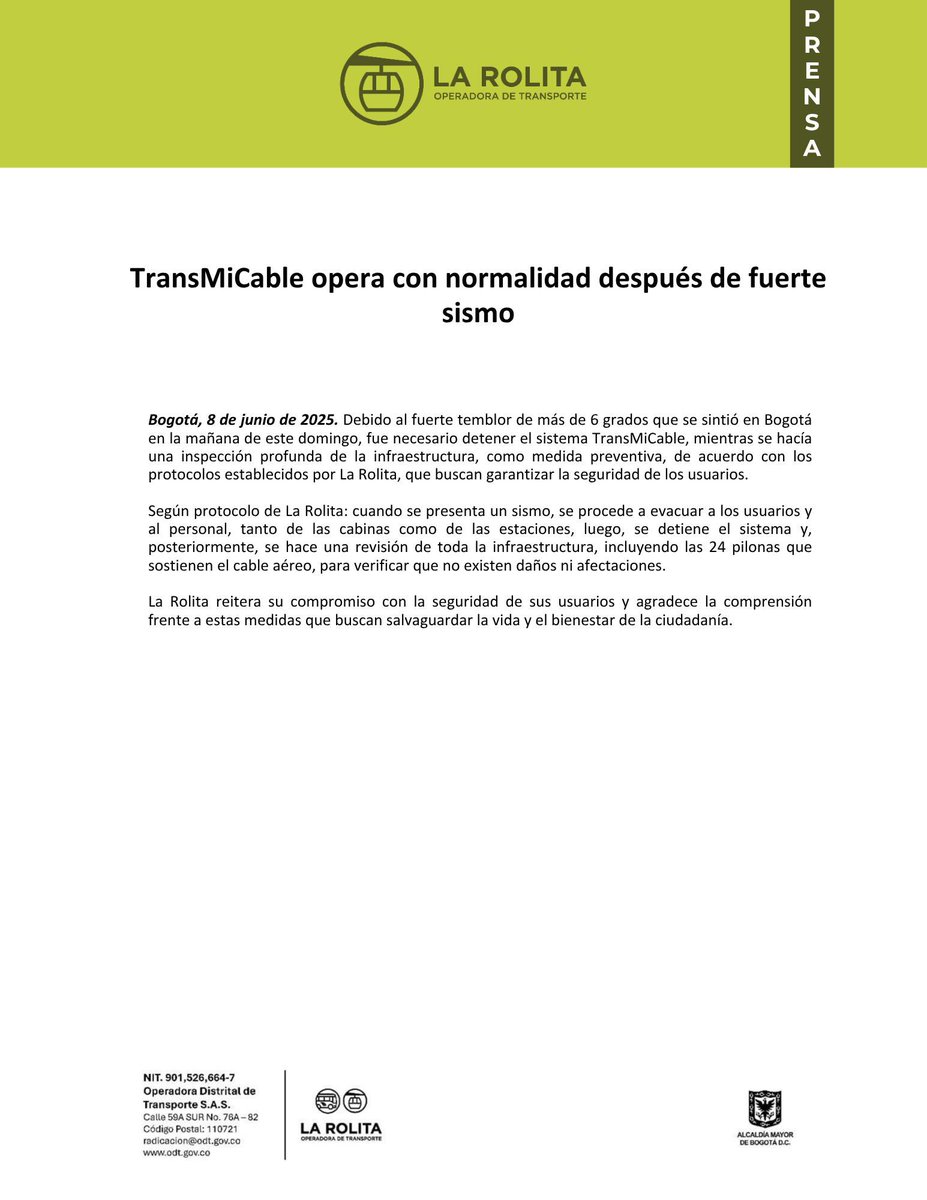 Rolitacable's tweet photo. 🚡 TransMiCable ya opera con normalidad tras el sismo.

Se activaron los protocolos de seguridad establecidos por La Rolita, que incluyeron la evacuación de usuarios y la revisión total de la infraestructura.

Gracias por la comprensión. La seguridad siempre será prioridad. https://t.co/OXm4bDa7IO