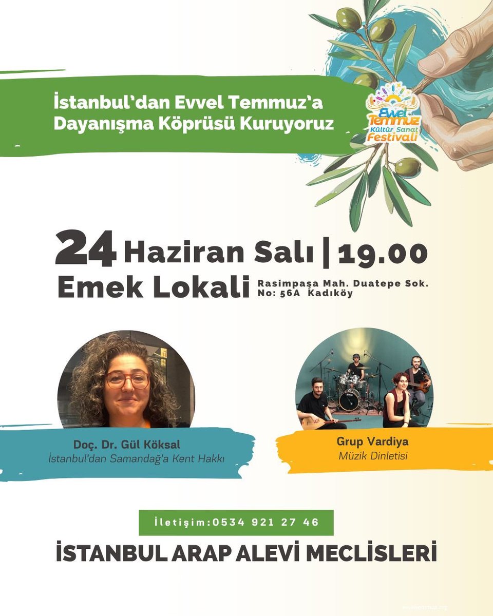 İstanbul’dan Evvel Temmuz’a Dayanışma Köprüsü Kuruyoruz!
24 Haziran günü saat 19.00’da Emek Lokali’nde buluşuyoruz.
Doç. Dr. Gül Köksal’la “İstanbul’dan Samandağ’a Kent Hakkı” üzerine konuşacak, Grup Vardiya’nın müzik dinletisiyle birlikte olacağız.
Tüm dostlarımızı bekliyoruz.