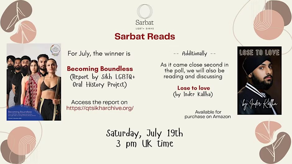 inderacts's tweet photo. Grateful for my book, ‘Lose to Love’ being selected to be part of @SarbatSikhs July Reads for their BOOKCLUB! Set your reminder for tickets here: https://t.co/tZI4LzGoFo #queerbookclub #queersikh #losetolovebyinderkallha #newbook #pridemonth #pride #sarbatlgbtq #queerdesi #sikh https://t.co/uxIsn16wdT