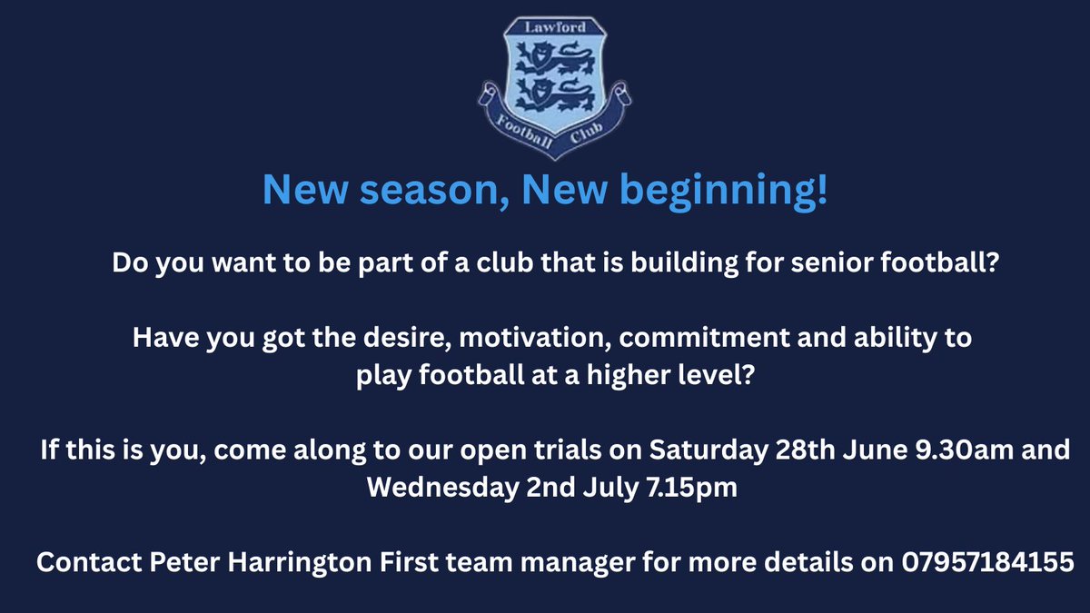 New season, New beginning!
Do you want to be part of a club that is building for senior football?
See below for more information about our forthcoming open trials