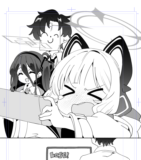 夏コミブルアカ同人誌出すんで数億年ぶりに漫画描いてる 黒いとこ真っ黒のほうがいいんだろうか… 