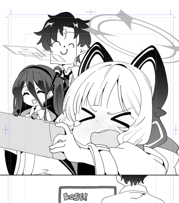 夏コミブルアカ同人誌出すんで数億年ぶりに漫画描いてる 黒いとこ真っ黒のほうがいいんだろうか… 