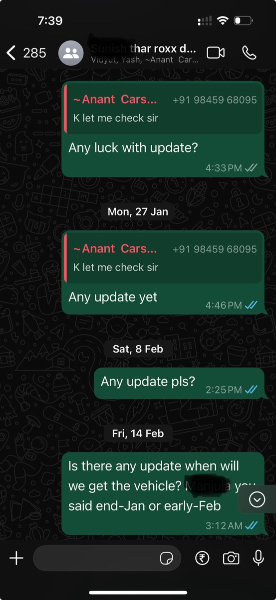 CoRPSIndia's tweet photo. @18002096006 Okay your DM hasn’t helped - just to let the public know. The local dealership made a WhatsApp group to keep me updated. Here’s a 6 month account of that group!!! Promised delivery by Feb 25! They don’t even have decency to respond. @anandmahindra @Mahindra_Auto @Mahindra_Thar https://t.co/iHydH1GIaB