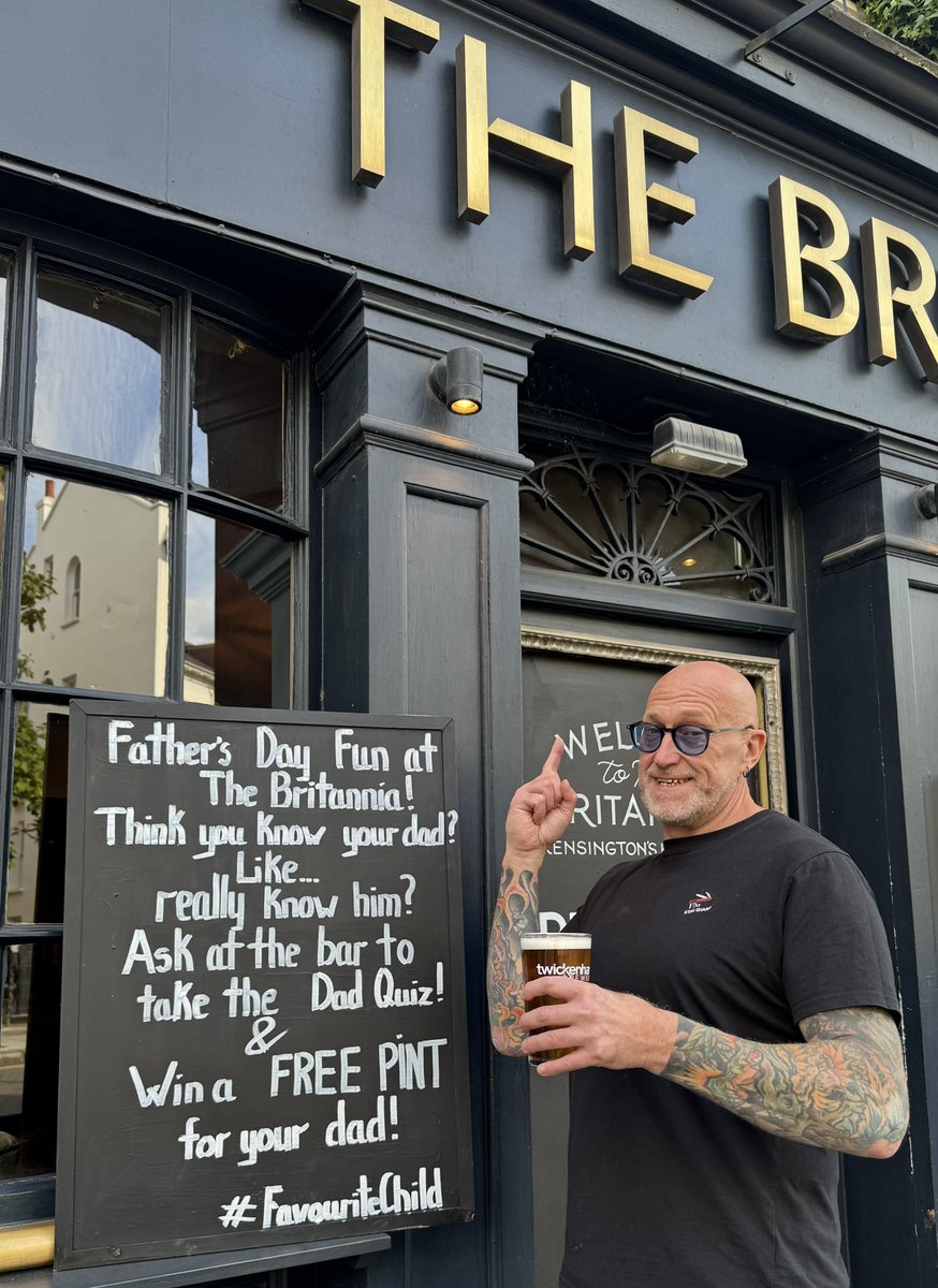 BritanniaKen's tweet image. 1 WEEK TO FATHER’S DAY  Think you’ve got proper Dad knowledge?
Pop to the bar, ask for the Dad Quiz,
get 3 right —
and win a FREE PINT  #thebritanniakensington #fathersdayfun #youngspubs