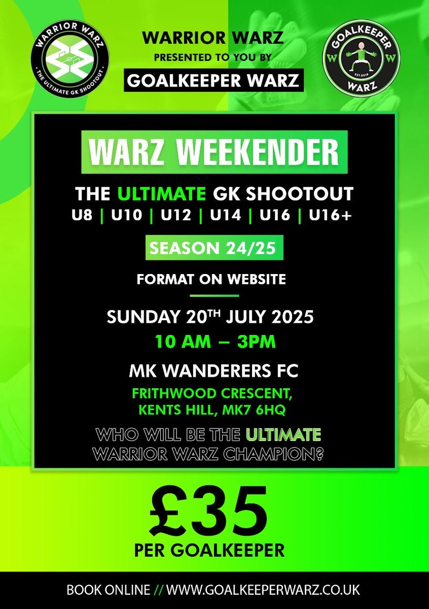 2025   Let’s go !! A few places left book online @ goalkeeperwarz.co.uk #mkirish