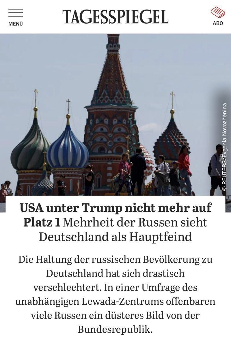 USA unter Trump nicht mehr auf Platz 1

Die Mehrheit der Russen sieht Deutschland als Hauptfeind.
Was? Wieso das denn? 😳 Kann mir das gar nicht erklären, wie das passieren konnte. Hättet ihr vielleicht eine Ahnung? 🤔