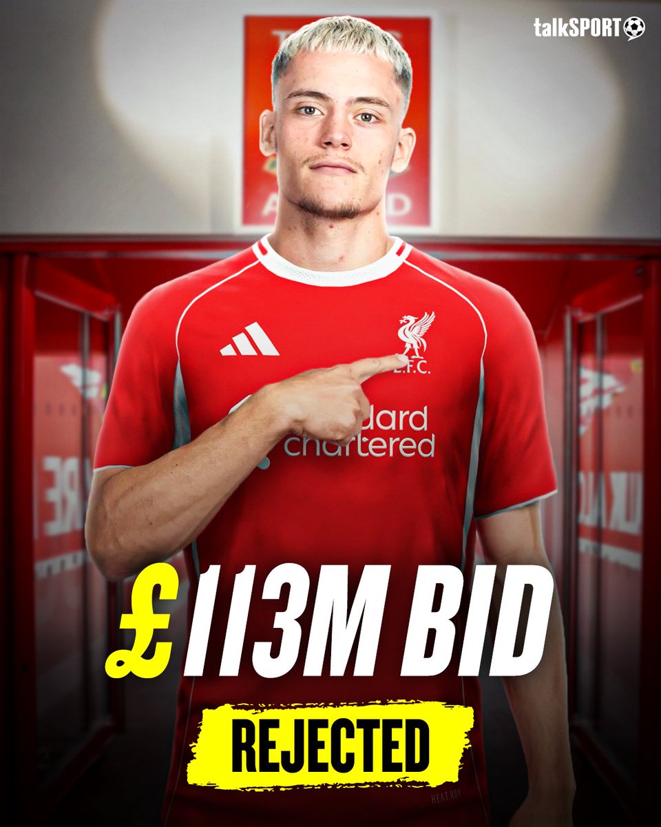 talkSPORT's tweet photo. £113M FLORIAN WIRTZ BID REJECTED! ❌

After turning down Liverpool's first £109million bid, Bayer Leverkusen have now also rejected their latest £113million offer for Florian Wirtz. 😬

Leverkusen are holding out for £126million... which would be a British transfer record. 😳💰

Should The Reds pay the £126m price tag? 🤔