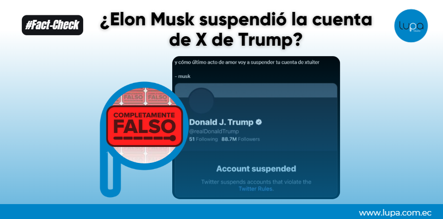 LupaMediaEC's tweet photo. 🔍#FactCheckViral | 👀Sí, Elon Musk y DonaldTrump rompieron relaciones... pero NO, es falso que Musk le haya suspendido la cuenta de X al presidente de EE.UU.
🧐¿Cómo lo sabemos?:
✅La Casa Blanca y X lo desmintieron oficialmente
✅ @realDonaldTrump sigue activo con 105.8M seguidores
✅La imagen viral recicla datos REALES de enero 2021, cuando Trump sí fue suspendido tras el asalto al Capitolio.
📌Revisa toda la evidencia y te contamos más detalles de este "culebrón" entre millonario aquí: https://t.co/NnRIWf1ecQ