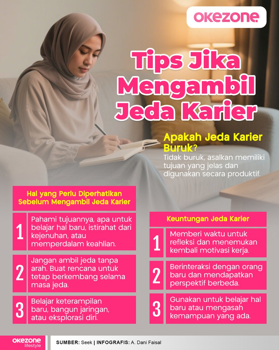 okezonenews's tweet photo. Apakah buruk jika mengambil jeda karier? Sebenarnya jeda karier tidak selalu berdampak negatif jika kita lebih awal mengetahui tujuannya. Dengan begitu jeda karier menjadi tidak sia-sia dan dapat meningkatkan kemampuan serta nilai dalam diri kita.
 
Ketika bekerja, kita pasti memerlukan waktu untuk beristirahat baik dalam jangka waktu sebentar maupun lama. Biasanya jangka waktu yang sebentar disebut cuti dan untuk jangka waktu yang lama disebut jeda karier atau resign.

Selengkapnya simak dalam Infografis.