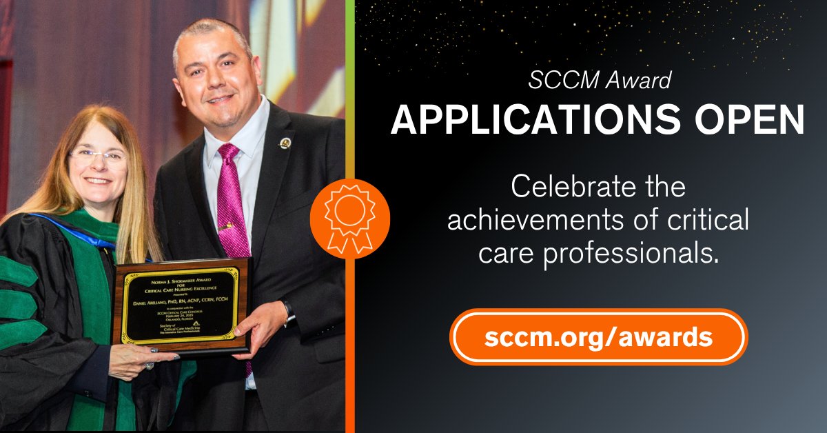 SCCM award applications are now open! 🏆  Celebrate the successes and achievements of critical care professionals by applying or nominating a colleague. More than 10 award opportunities are available! Apply or submit a nomination: sccm.org/awards
#SCCM
