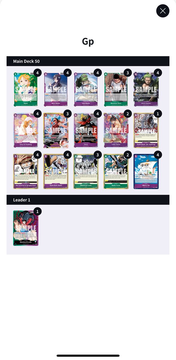 Top 4 at Rome, first serial feels nice.
R1 shanks ✅🎲
R2 Bonney ✅
R3 Blackbeard ✅🎲
R4 smoker ❌ 
R5 shanks ✅
R6 gp ✅
R7 gp ✅
R8 rp ❌
R9 gp ✅
R10 Blackbeard ✅🎲

30 in swiss so 0 dice at top

Top 32 vegapunk 1-0 ✅
Top 16 gp 2-0 ✅
Top 8 gp 2-0 ✅
Top 4 rp 0-2 ❌