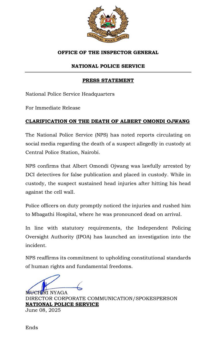 Nyandia Gachago, ACIM (@nyandia_g) on Twitter photo What an INSULT <a href="/NPSOfficial_KE/">National Police Service-Kenya</a>
Lawfully arrested yet No booking in the OB. No transparency. No accountability?
Hit his head against the cell wall?
Mnatuona aje?
You killed the young man!
#JusticeForAlbertOjwang What an INSULT <a href="/NPSOfficial_KE/">National Police Service-Kenya</a>
Lawfully arrested yet No booking in the OB. No transparency. No accountability?
Hit his head against the cell wall?
Mnatuona aje?
You killed the young man!
#JusticeForAlbertOjwang