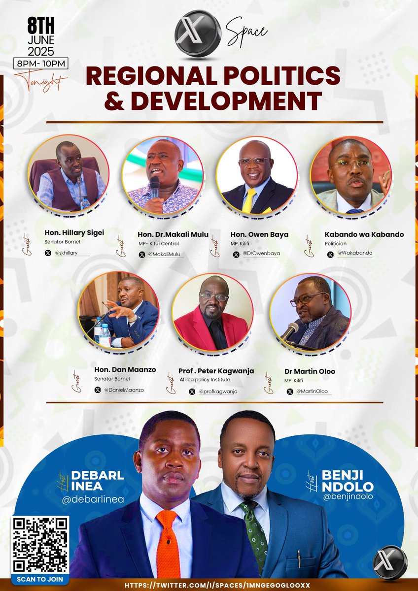 Prince K (@ngigi____) on Twitter photo Join the conversation at 8:00 PM for an engaging X Space featuring thought leaders <a href="/debarlinea/">Debarl Inea</a>, <a href="/BenjiNdolo/">Benji Ndolo</a>, <a href="/skhillary/">Wakili Hillary K. Sigei, CBS</a>, <a href="/MakaliMulu/">Hon.Makali Mulu, PhD</a>, <a href="/DrOwenbaya/">Owen Baya</a>, <a href="/Wakabando/">Kabando Wa Kabando</a>, <a href="/DanielMaanzo/">Daniel Kitonga Maanzo, EBS</a>, <a href="/profkagwanja/">Peter Kagwanja</a>, and <a href="/MartinOloo/">Martin Oloo PhD</a> as they delve into pressing national matters. You won’t want to miss it. Join the conversation at 8:00 PM for an engaging X Space featuring thought leaders <a href="/debarlinea/">Debarl Inea</a>, <a href="/BenjiNdolo/">Benji Ndolo</a>, <a href="/skhillary/">Wakili Hillary K. Sigei, CBS</a>, <a href="/MakaliMulu/">Hon.Makali Mulu, PhD</a>, <a href="/DrOwenbaya/">Owen Baya</a>, <a href="/Wakabando/">Kabando Wa Kabando</a>, <a href="/DanielMaanzo/">Daniel Kitonga Maanzo, EBS</a>, <a href="/profkagwanja/">Peter Kagwanja</a>, and <a href="/MartinOloo/">Martin Oloo PhD</a> as they delve into pressing national matters. You won’t want to miss it.