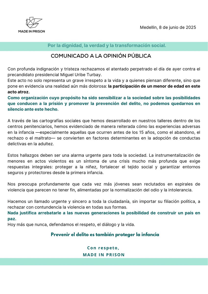 Rechazamos categóricamente el atentado en contra de Miguel Uribe, y exhortamos a la sociedad a cuestionarnos sobre la participación de un menor en este acto tan atroz: síntoma de una crisis mucho más profunda.