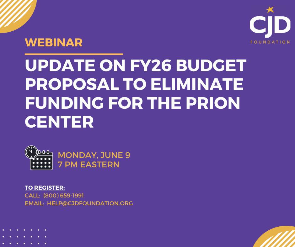 CJDFoundation's tweet photo. Join us tomorrow, Monday, June 9 at 7PM Eastern for an important meeting about the Fiscal Year 2026 budget and the new proposal to eliminate funding for the National Prion Disease Pathology Surveillance Center. To register email help@cjdfoundation.org or call (800) 659-1991. https://t.co/l4IOavTqG7
