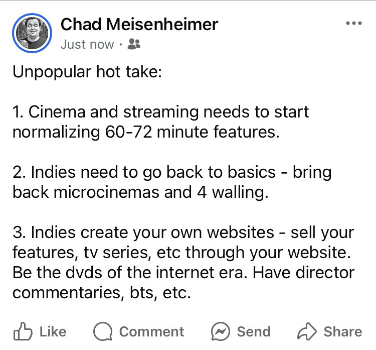 Get back to the basics, regional filmmaking and letting the audience find you. 
#showbiz #cinema #filmmaking #storytelling