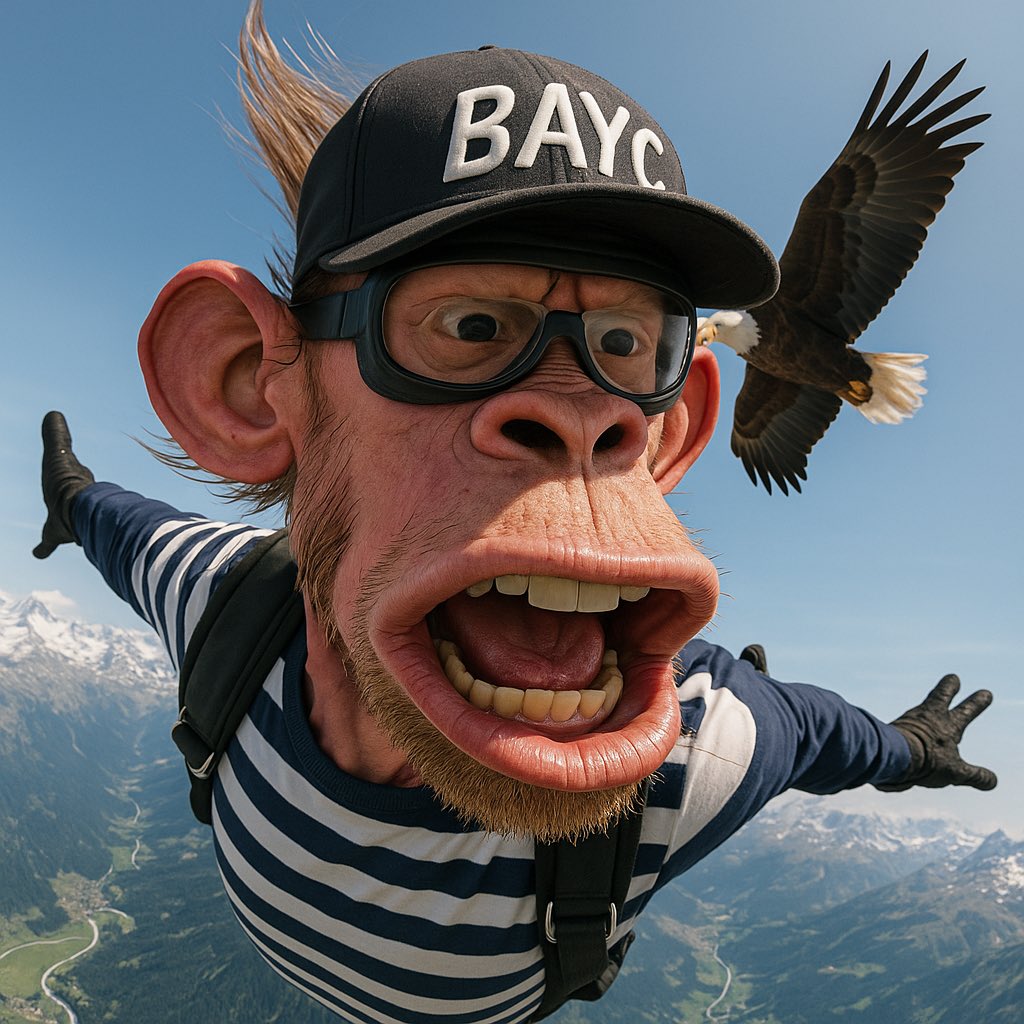 A surreal, ultra-photorealistic POV selfie captured mid-skydive, featuring a real-life interpretation of the uploaded character reference [INSERT CHARACTER IMAGE] in place of a human or animal. The character is free-falling alongside a majestic eagle through the open sky above a