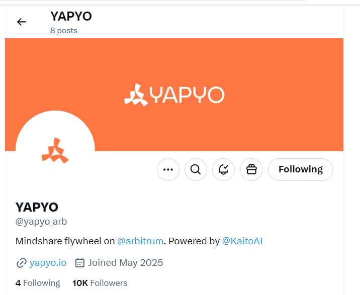 Just touched 10,000 FOLLOWERS! 🎉 incredible <a href="/yapyo_arb/">YAPYO</a> 

This milestone proves the power of a strong community – the very essence of what <a href="/yapyo_arb/">YAPYO</a> (powered by <a href="/KaitoAI/">Kaito AI 🌊</a> on Arbitrum ) aims to reward.

If you're here for the growth, influence, and future of #SocialFi, then you're