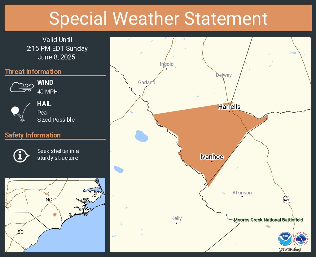 A special weather statement has been issued for Ivanhoe NC and  Harrells NC until 2:15 PM EDT