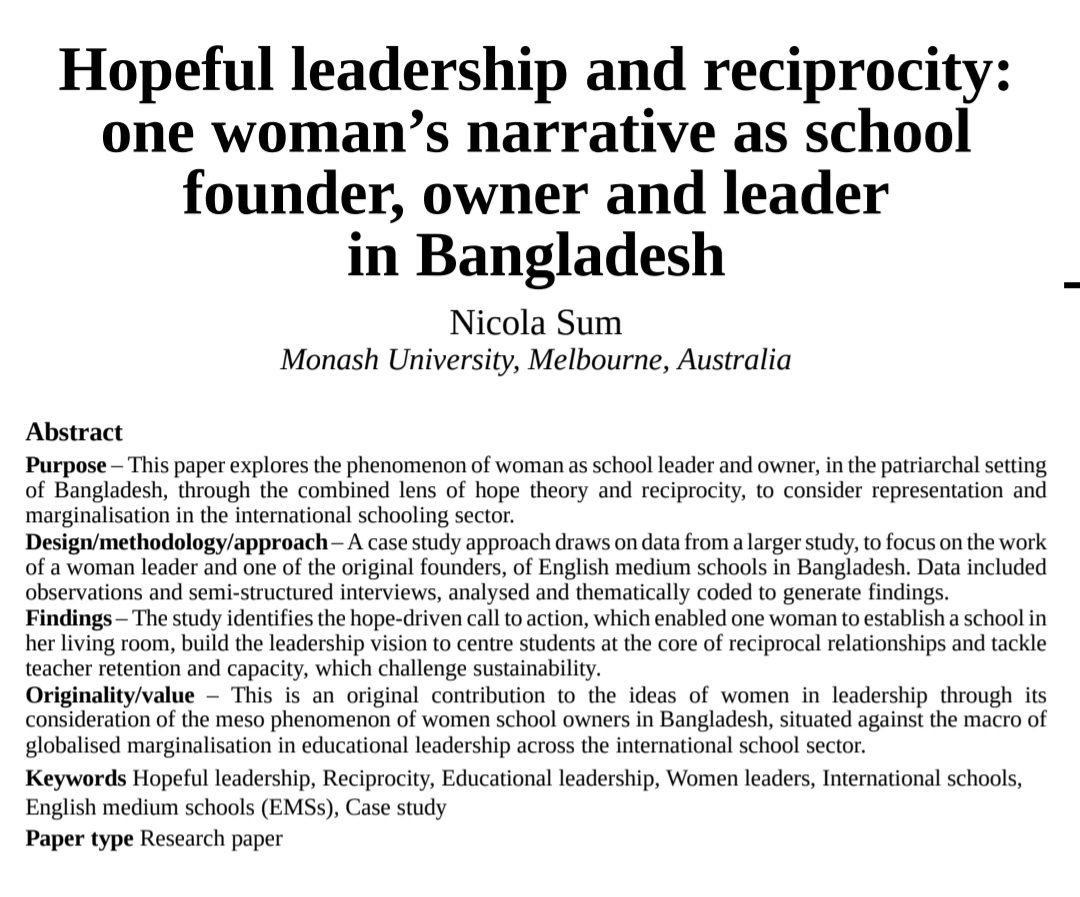 Women leading with hope in an international school sector that struggles with reciprocity.
#newpub in upcoming Special Issue in JEA on women and marginalisation. 
Open access here: shorturl.at/2maXi
#hopeleadership #sheleads