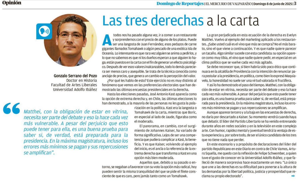 "Las tres derechas a la carta", mi columna en El Mercurio de Valparaíso, domingo 8 de junio de 2025. #matthei #kast #kayser #primarias
