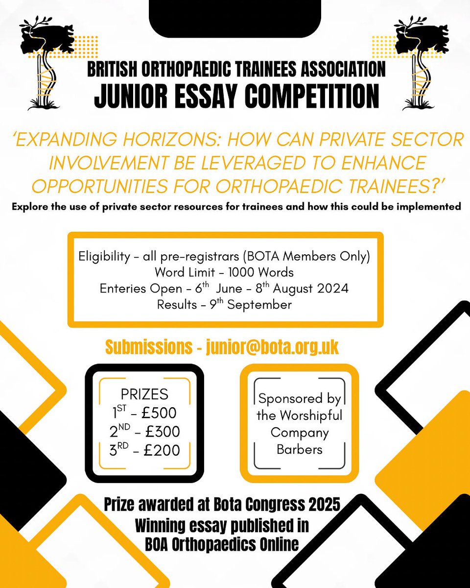 📢JUNIOR ESSAY COMPETITION📢
 
Submissions: Word Document (1000 Word Limit) – File saved as BOTA Number
Please submit to junior@bota.org.uk
 
DEADLINE: 8th August
 
<a href="/BOMSA_UK/">British Orthopaedic Medical Students Association</a> <a href="/BritOrthopaedic/">BOA</a>