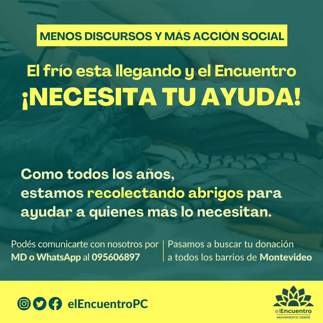 🌬️ ¡El frío llegó y muchas personas nos necesitan! Desde el Encuentro estamos recolectando abrigos 🧥 como todos los años.

📦 Pasamos por todos los barrios de Montevideo.

📲 Escribinos por MD o WhatsApp al 095606897
