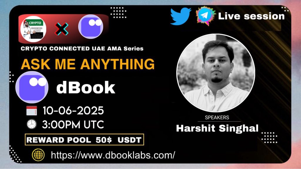 We're thrilled to invite our special guest Harshit Singhal is upcoming TG AMA with @dbooklabs 
Date: Tuesday 10 June 2025
Time: 3:00PM UTC TIME
Venue: t.me/Crypto_Connect…
PS:Come along with your questions,a 50$ USDT community reward awaits 🤑