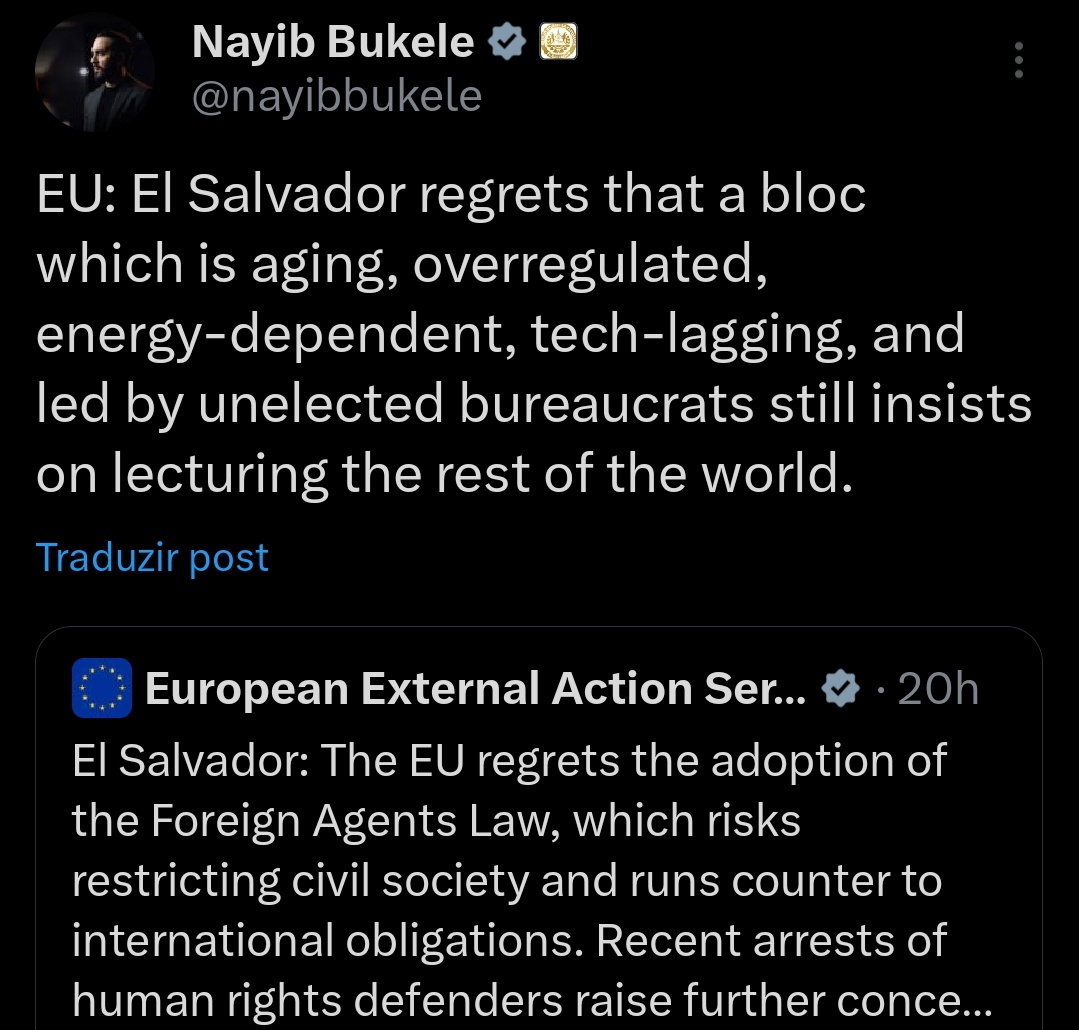 viriato888's tweet photo. A UE tentou dar uma lição de civismo ao Bukele, mas levou com um estouro dele que não lhes vai voltar a apetecer tão cedo sinalizar virtude 🤭 https://t.co/bORolHLEpF