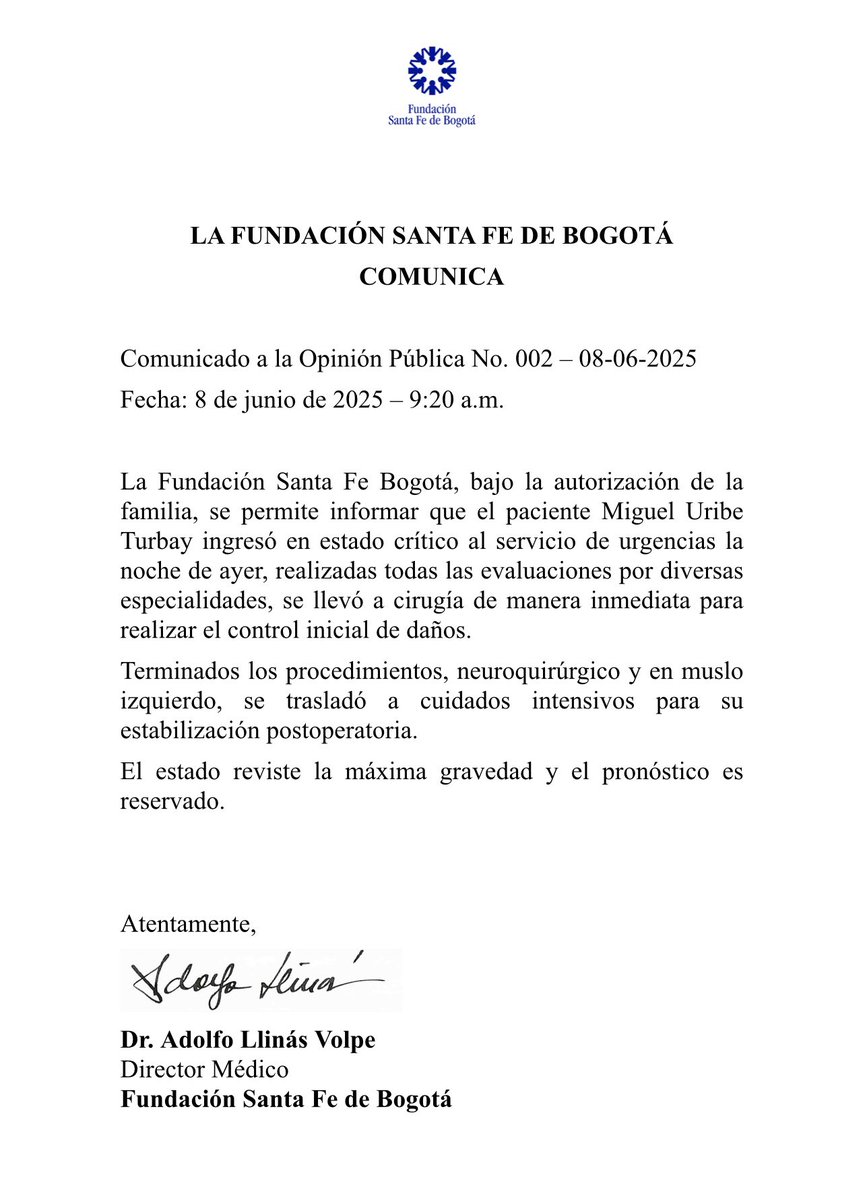 #ULTIMAHORA | Comunicado del la Fundación Santa Fe sobre el estado de salud de Miguel Uribe.