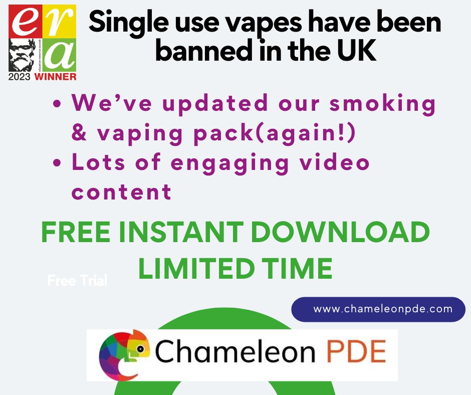 Excellent news - single-use vapes have been banned in the UK. To celebrate we're making our very popular smoking &amp; vaping library pack free to download for a limited time. Quizzes, videos and scenarios this pack is engaging and interactive. Download here: chameleonpde.com/resources/down…