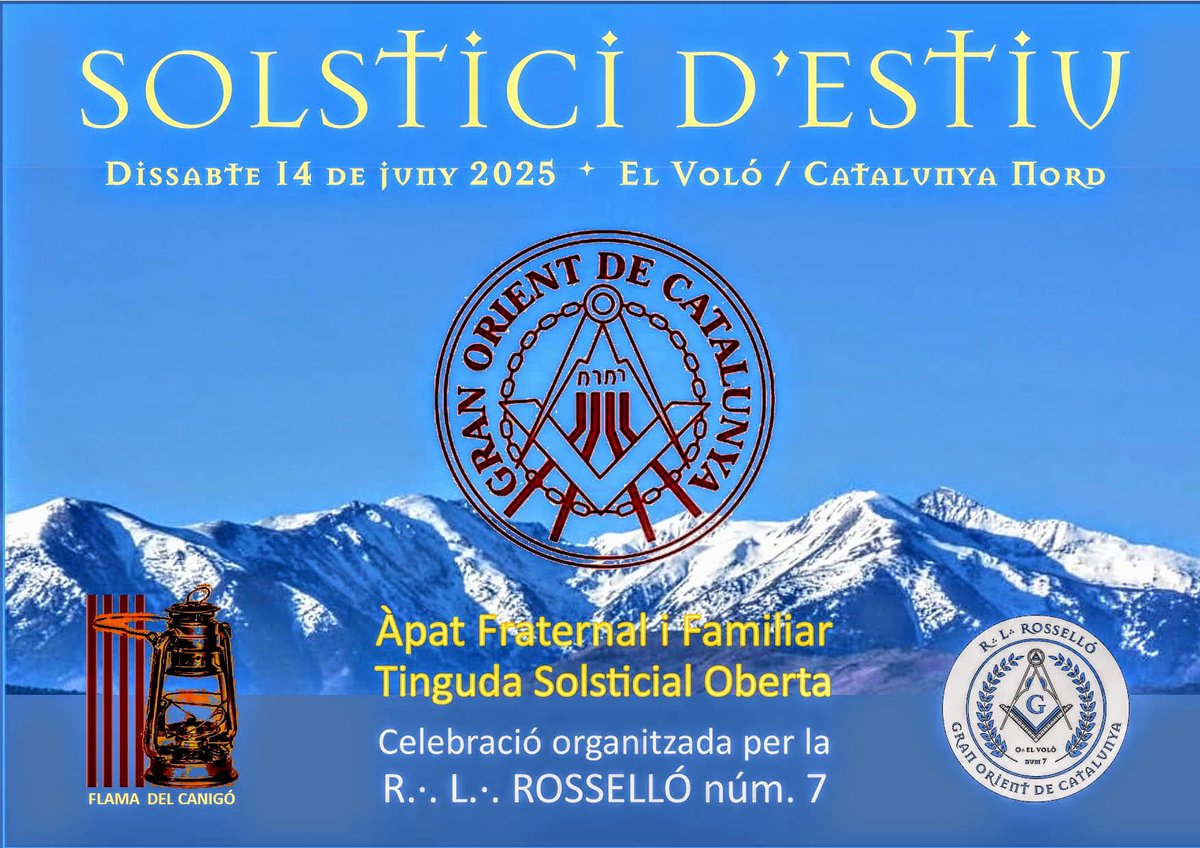 CELEBRACIÓ SOLSTICIAL 
14 DE JUNY 

Els membres del GOC, d'ambdós costats dels Pirineus, i els seus familiars ens trobarem a El Voló per participar en l'Àpat i la Tinguda que organitza la R.L. Rosselló.
Que la Flama del Canigó inspiri els nostres deures com a maçons catalans.