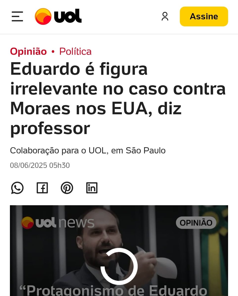 Eduardo Bolsonaro is under investigation for illegal lobbying to get the US to sanction Brazil's judiciary. The powerfull Folha media Group continues to protect him. "Professor says Eduardo is an irrelevent actor in the US case against Moraes," reads the headline. What professor?