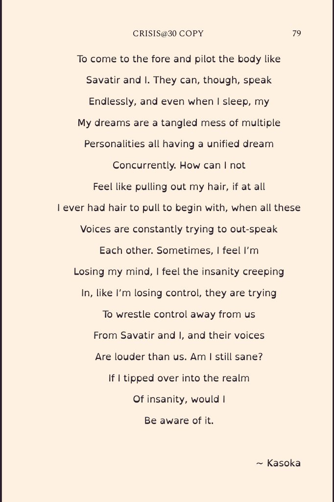 A piece from my poetry collection, "Crisis@30." 
Signed copies of the book are available at K300.
Soft copies are available on Utushimi at K30.
For a limited time only. Read the book for free on my website: encelladome.com/books/read?boo…

#the_once_and_future 
#Savatir