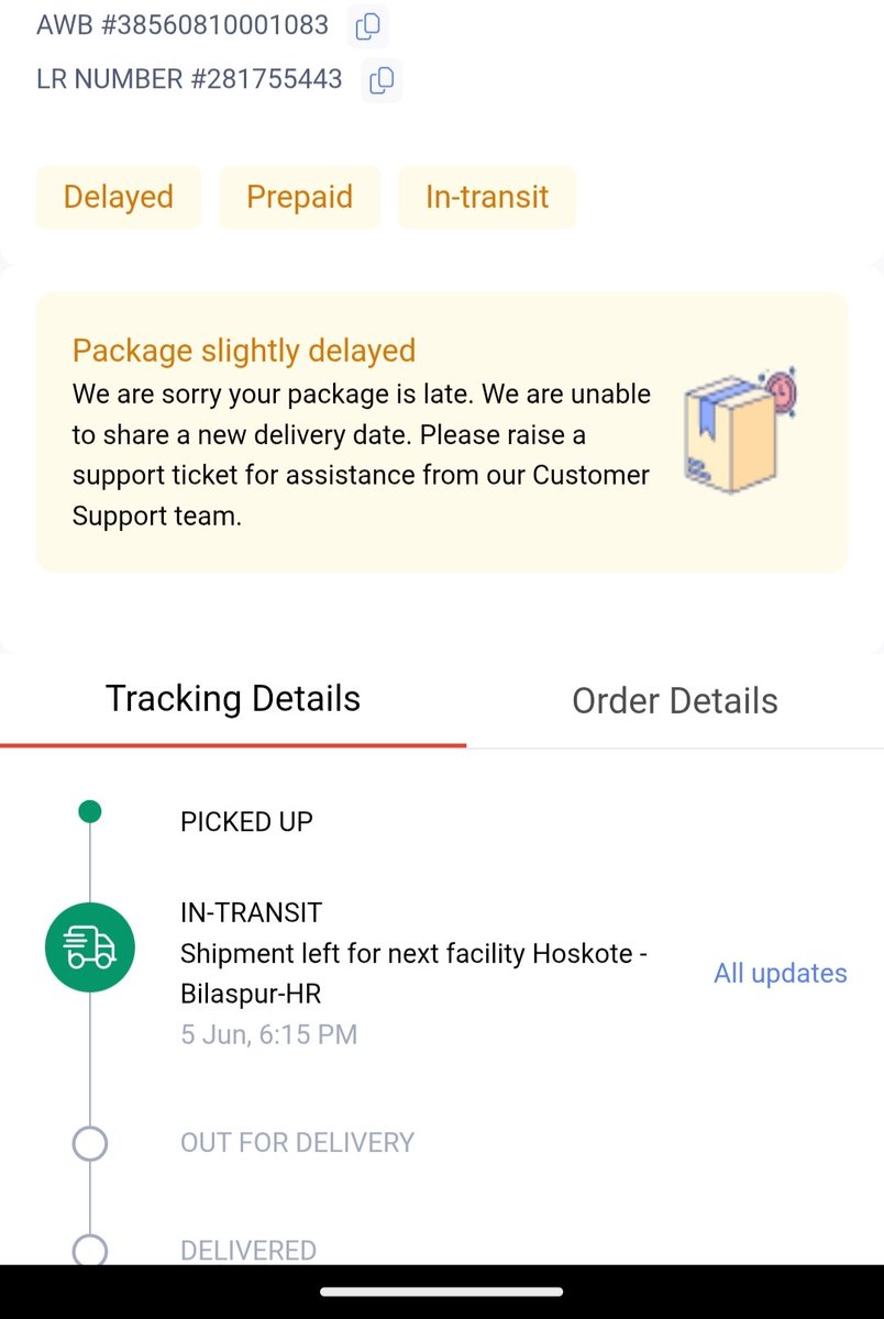 AmitKumar906's tweet image. @delhivery @help_delhivery @delhivery Worst experience ever!
My package (AWB #38560810001083) is delayed with no update since June 5th.
No ETA, no proper support, just automated messages.
Unacceptable service!
#Delhivery #DelayedShipment #PoorCustomerSupport