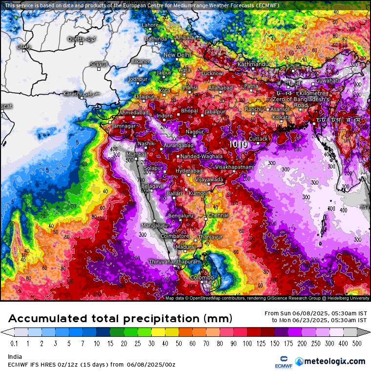 The ECMWF model forecasts significant rainfall from June 13-23. Please remain watchful for the possibility of extreme rainfall, with over 500 mm expected in various places along India's west coast. Widespread thunderstorms are predicted over Maharashtra, Madhya Pradesh,