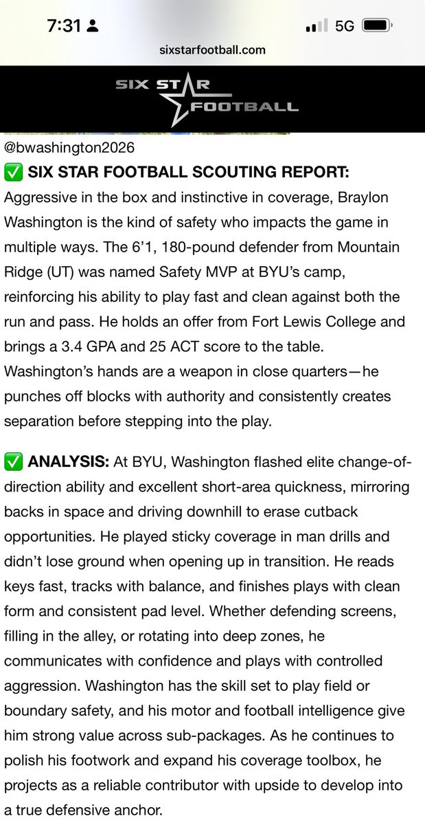Braylon Washington (@bwashington2026) on Twitter photo Thank you for the write up <a href="/sixstarfootball/">Six Star Football | PLUS+</a>
There was alot of great players at the <a href="/BYUfootball/">BYU FOOTBALL</a> camp, I am blessed to have recognized.
<a href="/nick_robins10/">Nick Robins</a> <a href="/TheRidgeFBLL/">Mountain Ridge Football</a> <a href="/coachtrei/">No Wasted Movement (CoachTrei)</a> <a href="/Andy_Pham1/">Andy</a> <a href="/PrepRedzoneUT/">Prep Redzone Utah</a> <a href="/NevadaRecruits/">Nevada FB Recruiting</a> <a href="/SUUFB_/">Southern Utah Football</a> <a href="/UtahTech_Fball/">Utah Tech Football</a> <a href="/FLCFootball/">FLC Football</a> <a href="/BrandonHuffman/">Brandon Huffman</a> Thank you for the write up <a href="/sixstarfootball/">Six Star Football | PLUS+</a>
There was alot of great players at the <a href="/BYUfootball/">BYU FOOTBALL</a> camp, I am blessed to have recognized.
<a href="/nick_robins10/">Nick Robins</a> <a href="/TheRidgeFBLL/">Mountain Ridge Football</a> <a href="/coachtrei/">No Wasted Movement (CoachTrei)</a> <a href="/Andy_Pham1/">Andy</a> <a href="/PrepRedzoneUT/">Prep Redzone Utah</a> <a href="/NevadaRecruits/">Nevada FB Recruiting</a> <a href="/SUUFB_/">Southern Utah Football</a> <a href="/UtahTech_Fball/">Utah Tech Football</a> <a href="/FLCFootball/">FLC Football</a> <a href="/BrandonHuffman/">Brandon Huffman</a>