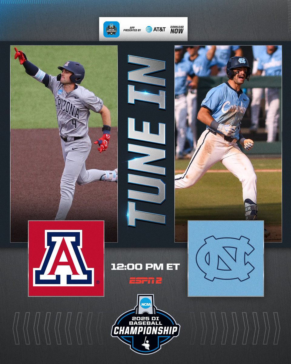 🚨SUPER REGIONAL TUNE IN 🚨

<a href="/ArizonaBaseball/">Arizona Baseball</a> 
🆚
(5) <a href="/DiamondHeels/">Carolina Baseball</a> 

⏰ 12 PM ET
📺 ESPN2
🖥️ on.ncaa.com/rpq2jpbr
📲 ncaa-mcws.app.link/launch

#RoadToOmaha