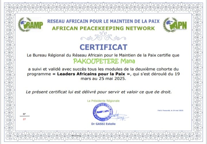 ✨ Fière d’annoncer ma certification au programme Leaders Africains pour le Maintien de la Paix de #RAMP_RÉGIONAL. 

💪10 semaines de transformation autour du #leadership, de la #paix et du #développement .

Un grand merci aux organisateurs 🙏🏾

#LAP2025
#PaixDurable 
#Engagement