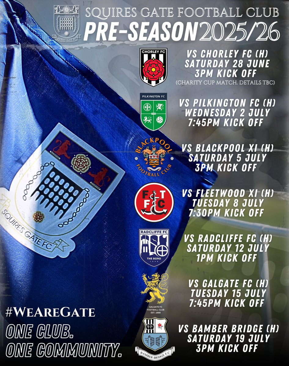 Squires Gate FC (@squiresgatefc) on Twitter photo 🗓️ 𝙋𝙧𝙚-𝙎𝙚𝙖𝙨𝙤𝙣 𝟐𝟎𝟐𝟓/𝟐𝟔
⏰ Following our kick off change against <a href="/radcliffeboro/">Radcliffe FC</a>, here is an updated list of our pre-season schedule.👇
Less than 3️⃣ weeks to go!🤩💙
🔷 #WeAreGate | #OneClub 🗓️ 𝙋𝙧𝙚-𝙎𝙚𝙖𝙨𝙤𝙣 𝟐𝟎𝟐𝟓/𝟐𝟔
⏰ Following our kick off change against <a href="/radcliffeboro/">Radcliffe FC</a>, here is an updated list of our pre-season schedule.👇
Less than 3️⃣ weeks to go!🤩💙
🔷 #WeAreGate | #OneClub