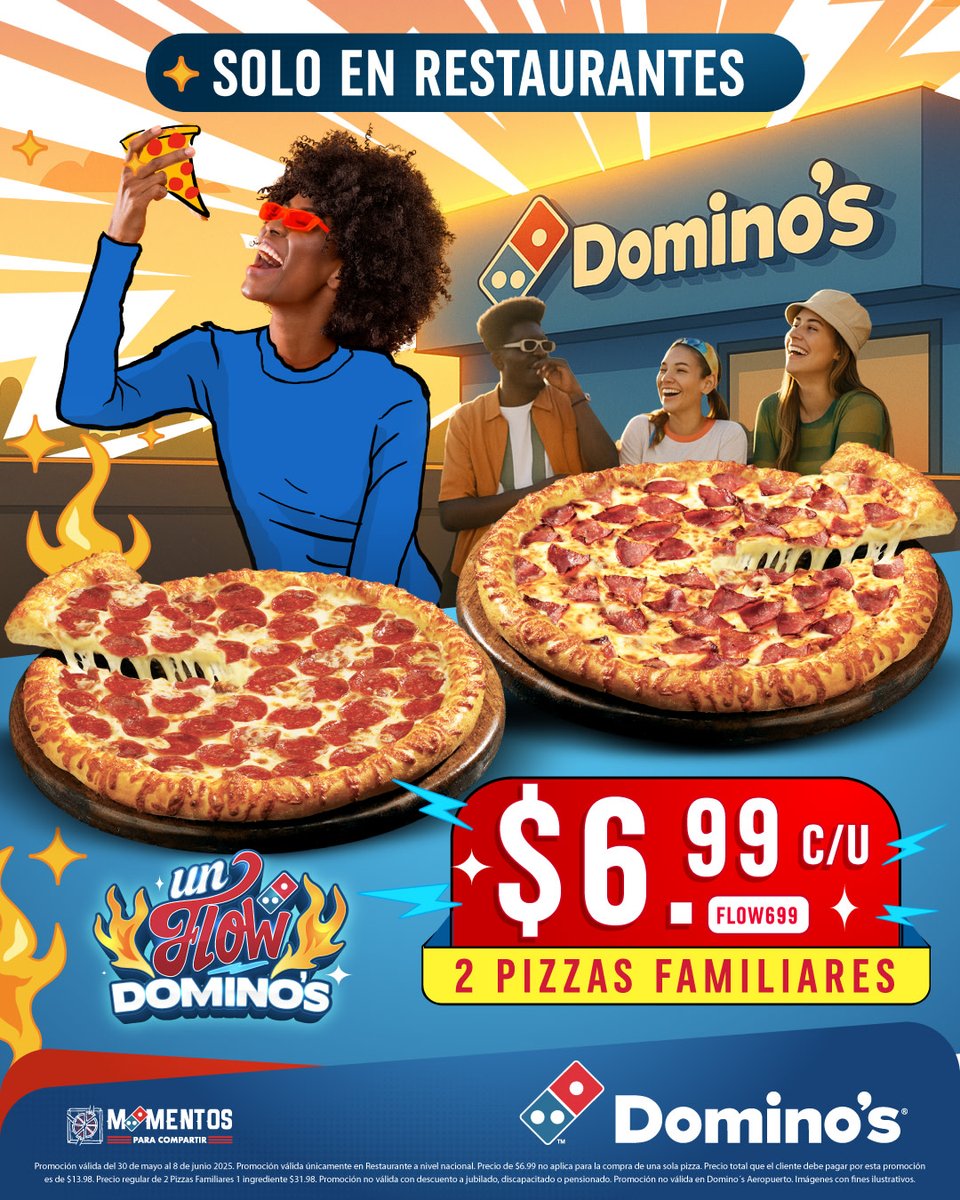 🍕✨ ¡El Flow está en el restaurante!

🔥2 pizzas familiares de 1 ingrediente por solo $6.99 cada una. Válido solo en restaurante.

Así que llama a tu combo, ponle rumbo al restaurante y prepárate pa’ compartir en grande😎🙌

📍SOLO EN RESTAURANTE