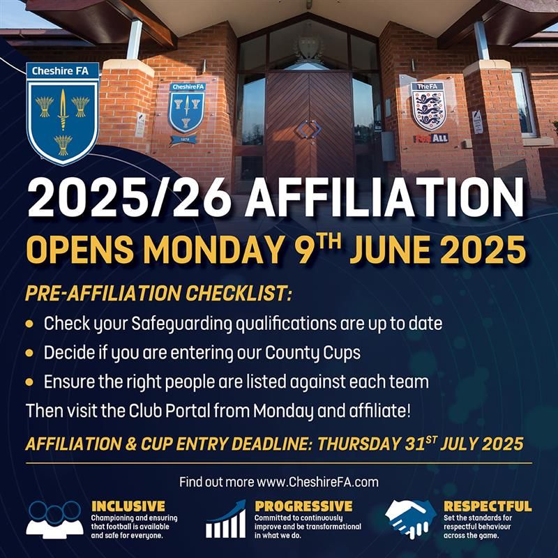 Affiliation for the 25/26 season opens on Monday 9 June via Club Portal!

Get ahead of the game and ensure everything on our checklist is sorted - and then log on to buff.ly/920ebx6 from tomorrow to get affiliation sorted, so you can focus on enjoying your close-season!
